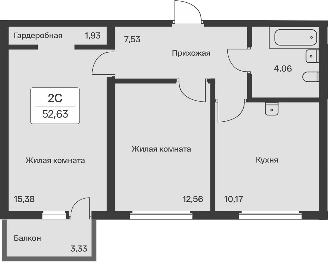2-комнатная квартира 52.63 м², 6/12 эт., ЖК «Расцветай в Янино»